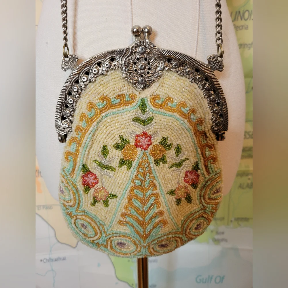 Vintage Beaded Floral Handbag Beautiful Colors, Pink, Green, Blue, and Gold - Picture 1 of 16